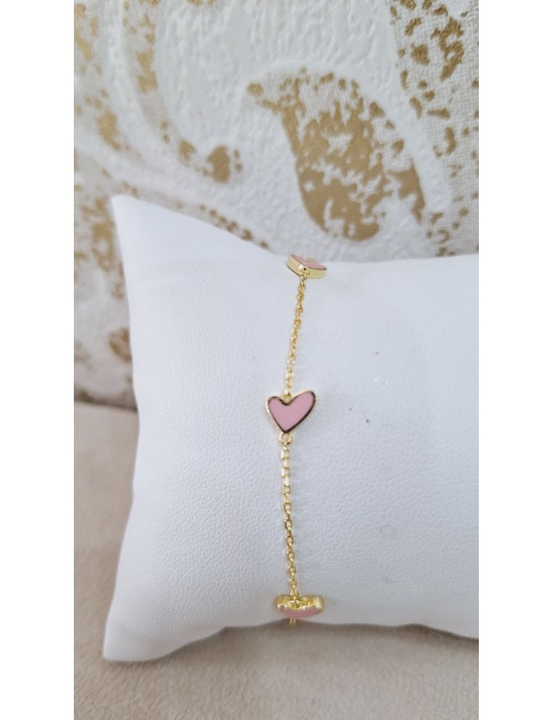 Pulseira Prata Dourada Corações rosa