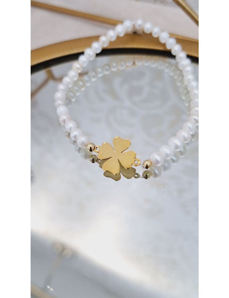 Pulseira Perolas e Prata Trevo
