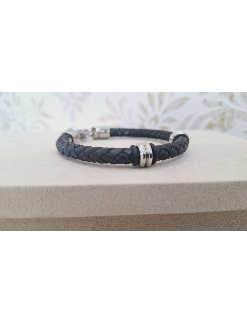 Pulseira Aço e pele Preta Lotus