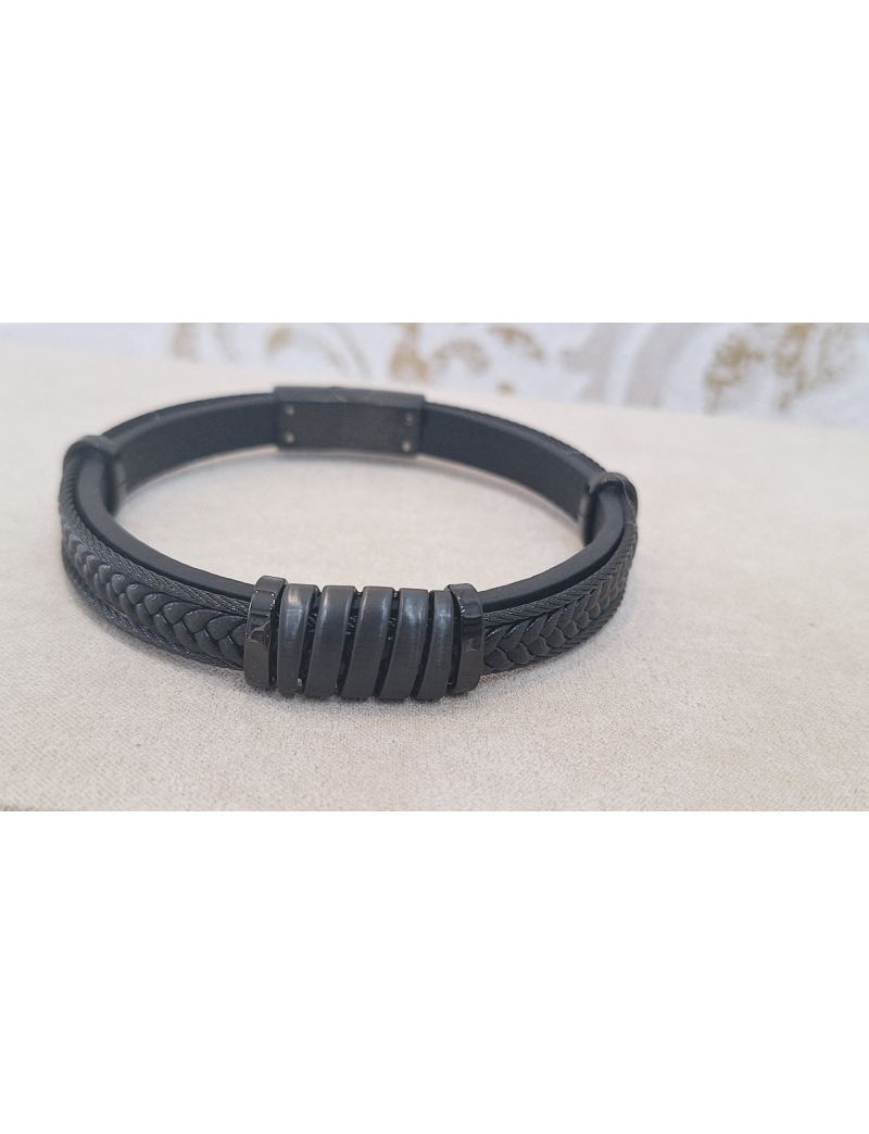 Pulseira Aço e Pele Preta 2