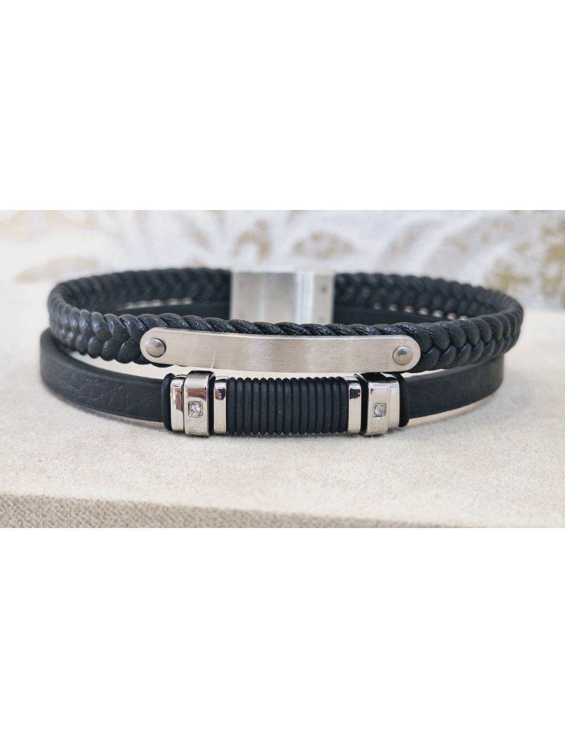 Pulseira Aço e Pele Preta 5