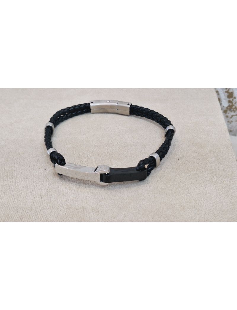 Pulseira Aço e Pele Preta 7