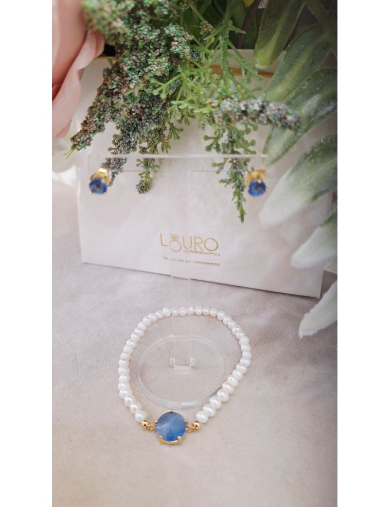 Pulseira Perolas Prata Pedra Azul