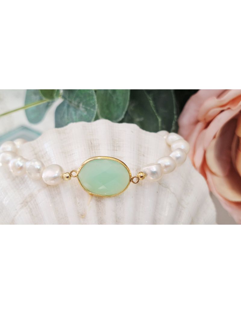 Pulseira Perolas e Prata Pedra Verde