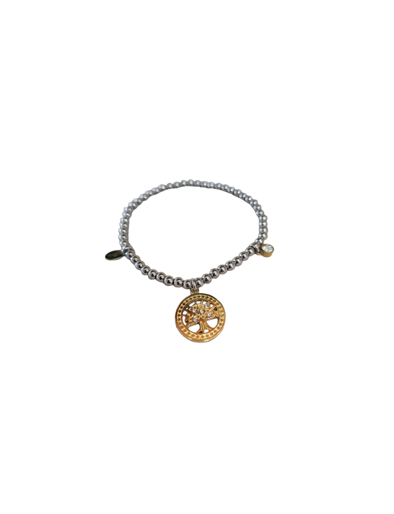 Pulseira Aço Lotus pendente Arvore da vida Bicolor