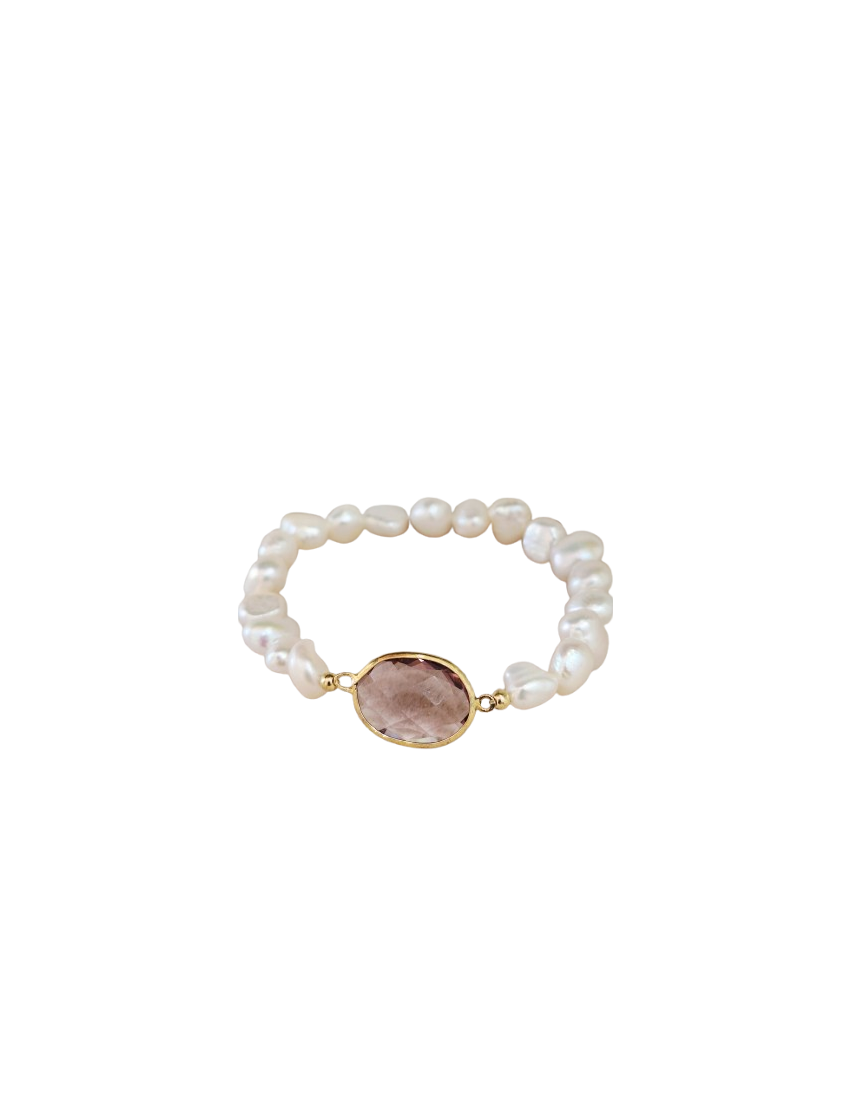 Pulseiras Perolas e Prata Pedra Rosa