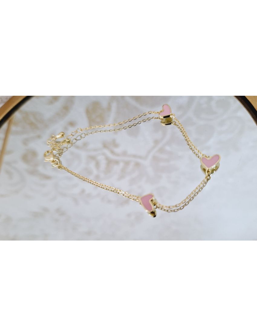 Pulseira Prata Dourada Corações rosa