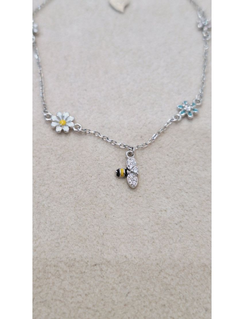 Pulseira Prata Abelha e flores