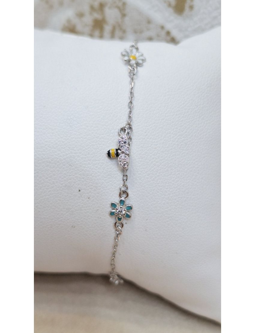 Pulseira Prata Abelha e flores