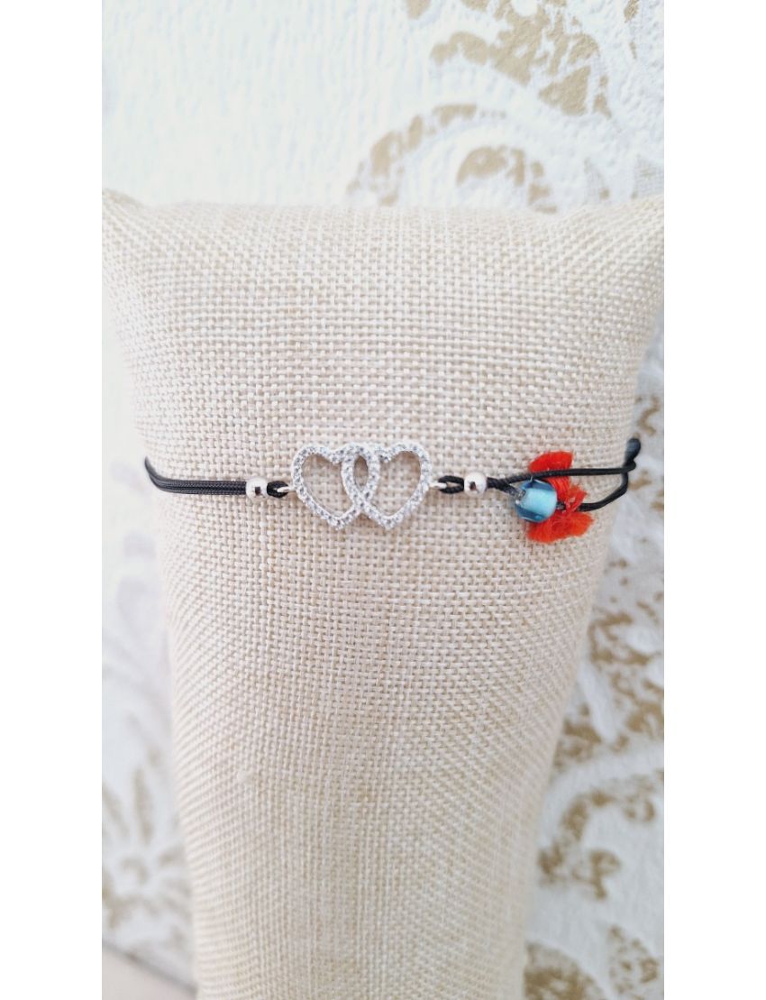 Pulseira Prata e fio corações 1 