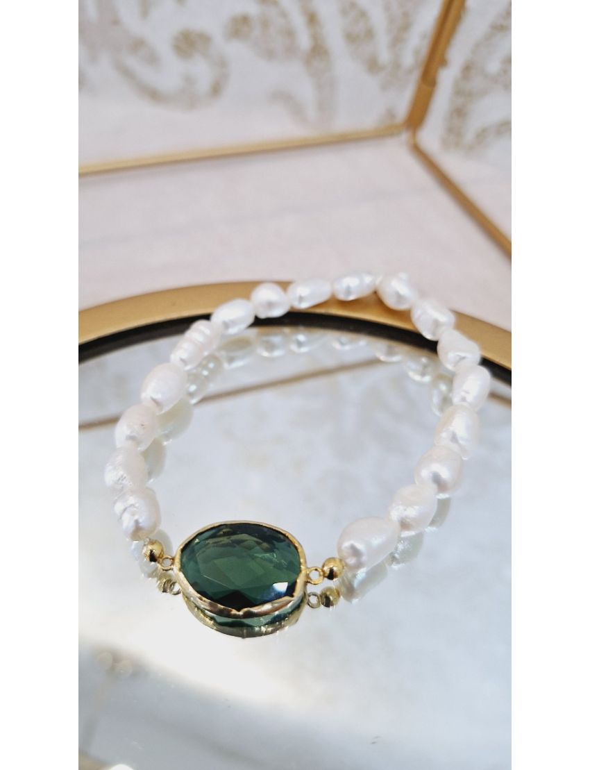 Pulseira Perolas e Pedra Verde