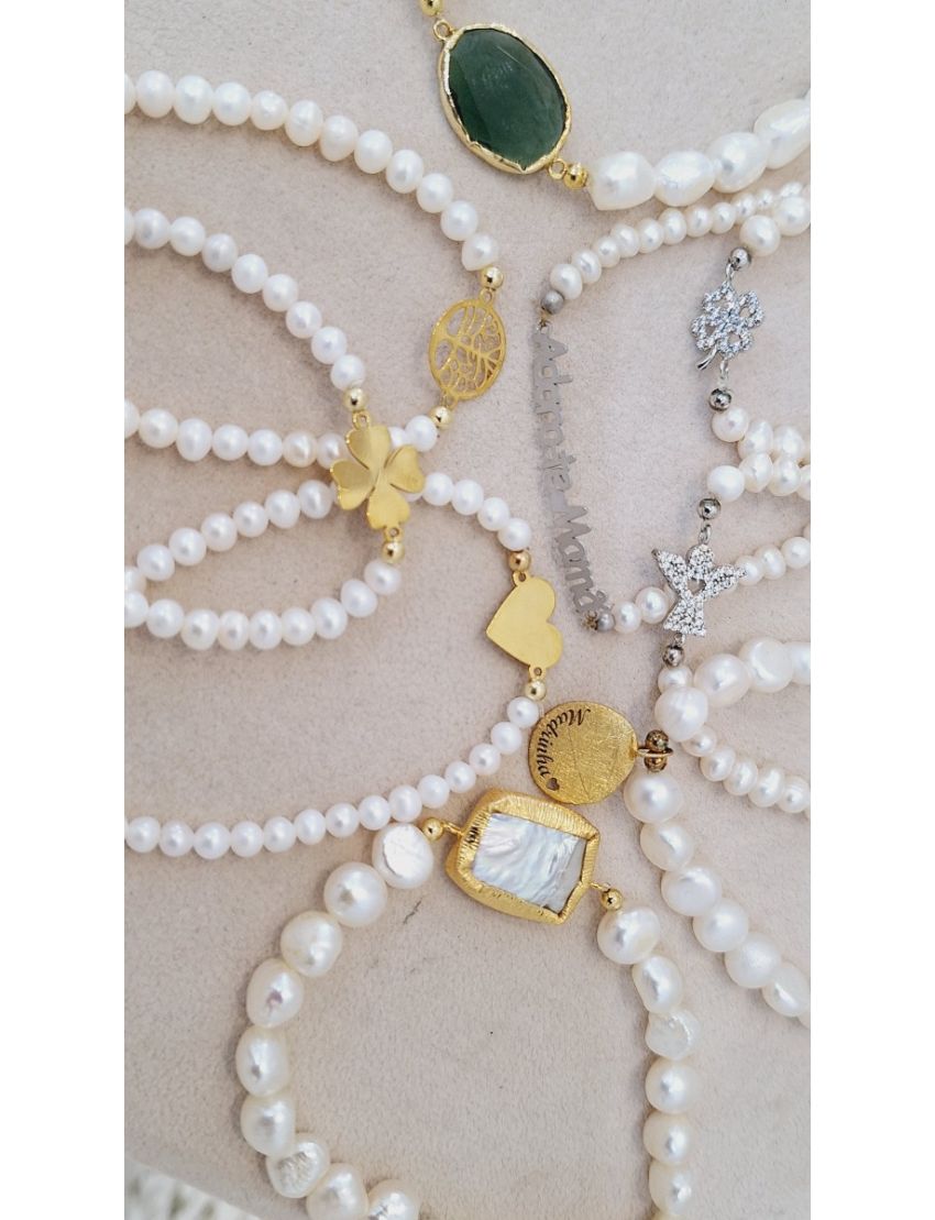 Pulseira Perolas e Prata Trevo prateado