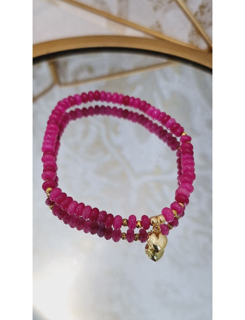 Pulseira Pedras Rosa e Prata Coração