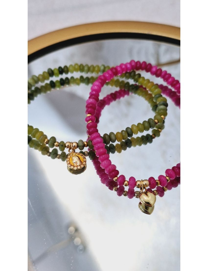 Pulseira Pedras Rosa e Prata Coração