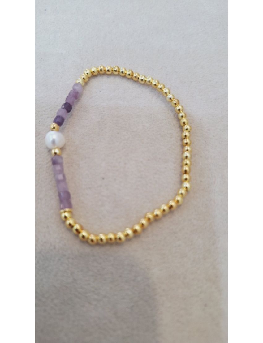Pulseira Prata, Pérola e Missangas Lilás