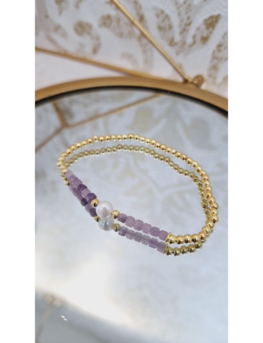 Pulseira Prata, Pérola e Missangas Lilás