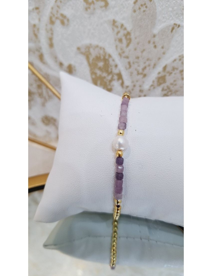 Pulseira Prata, Pérola e Missangas Lilás