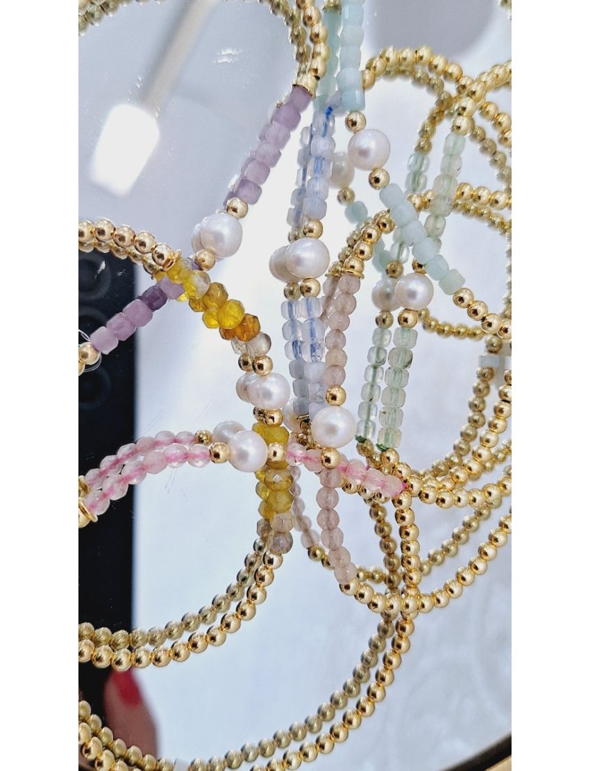 Pulseira Prata, Pérola e Missangas Lilás