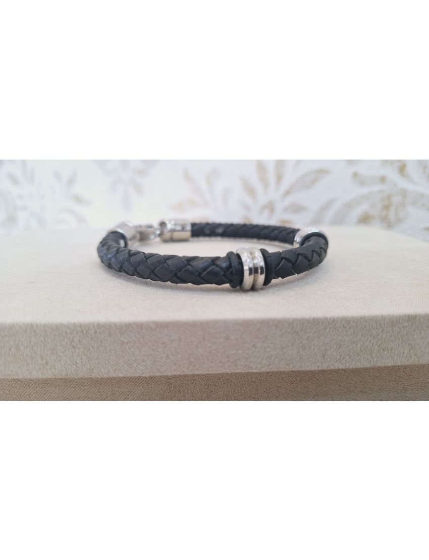 Pulseira Aço e pele Preta Lotus