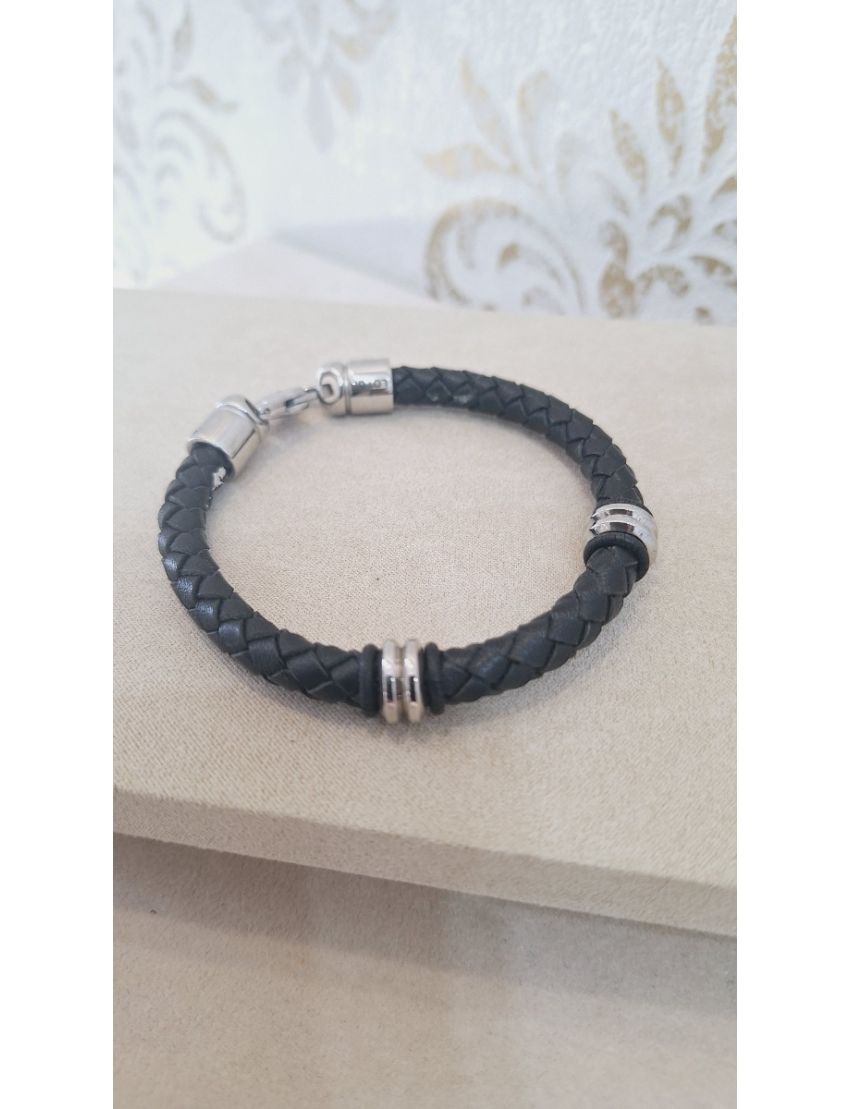 Pulseira Aço e pele Preta Lotus