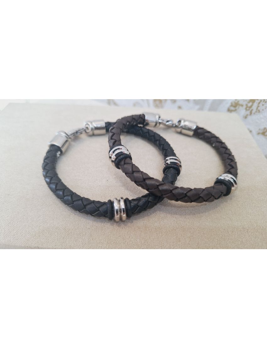 Pulseira Aço e Pele Castanha Lotus