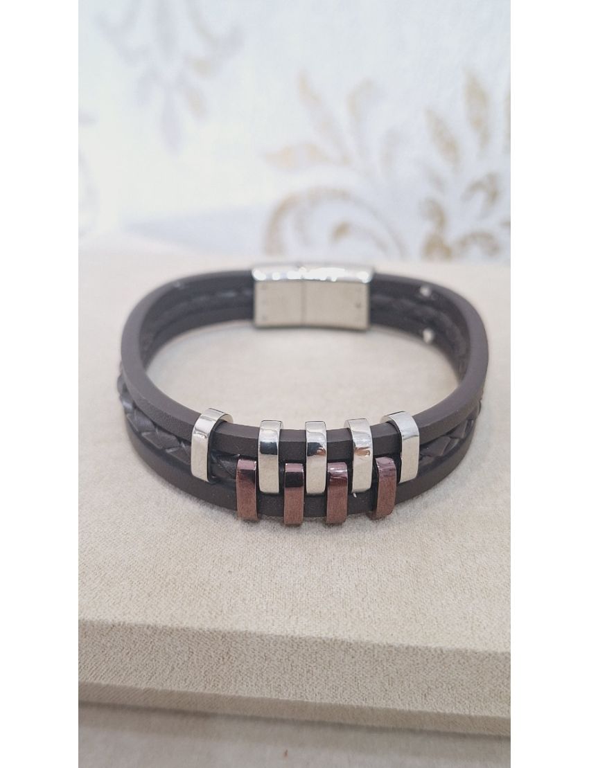 Pulseira Aço e Pele Castanha 1 Lotus 