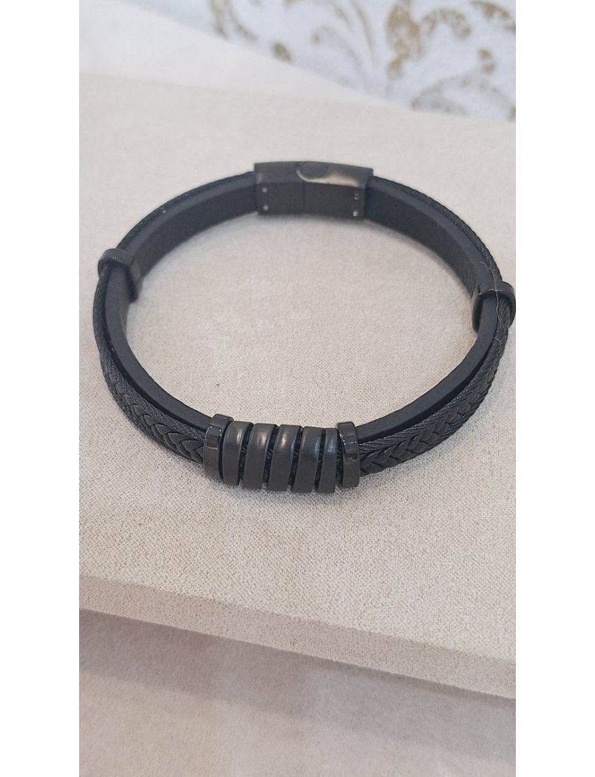 Pulseira Aço e Pele Preta 2