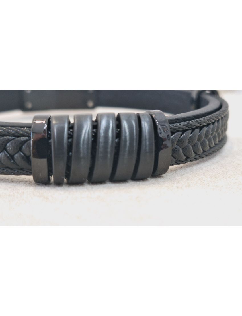 Pulseira Aço e Pele Preta 2