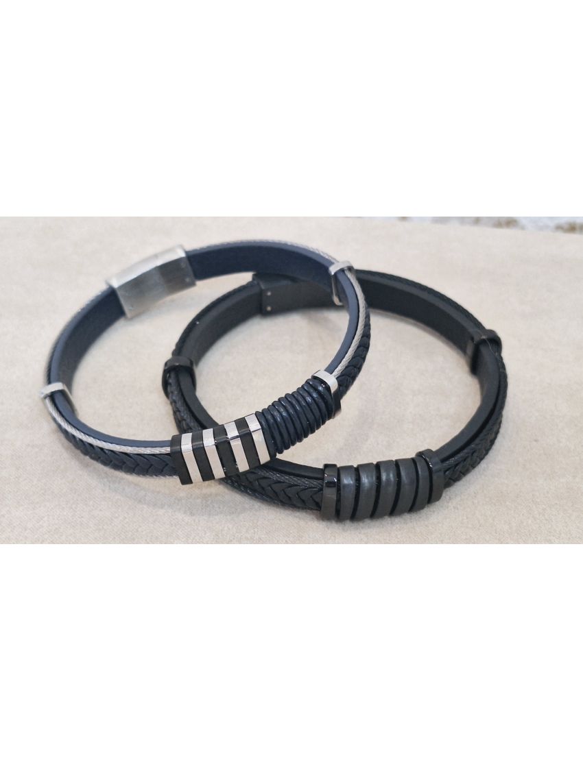 Pulseira Aço e Pele Preta 2
