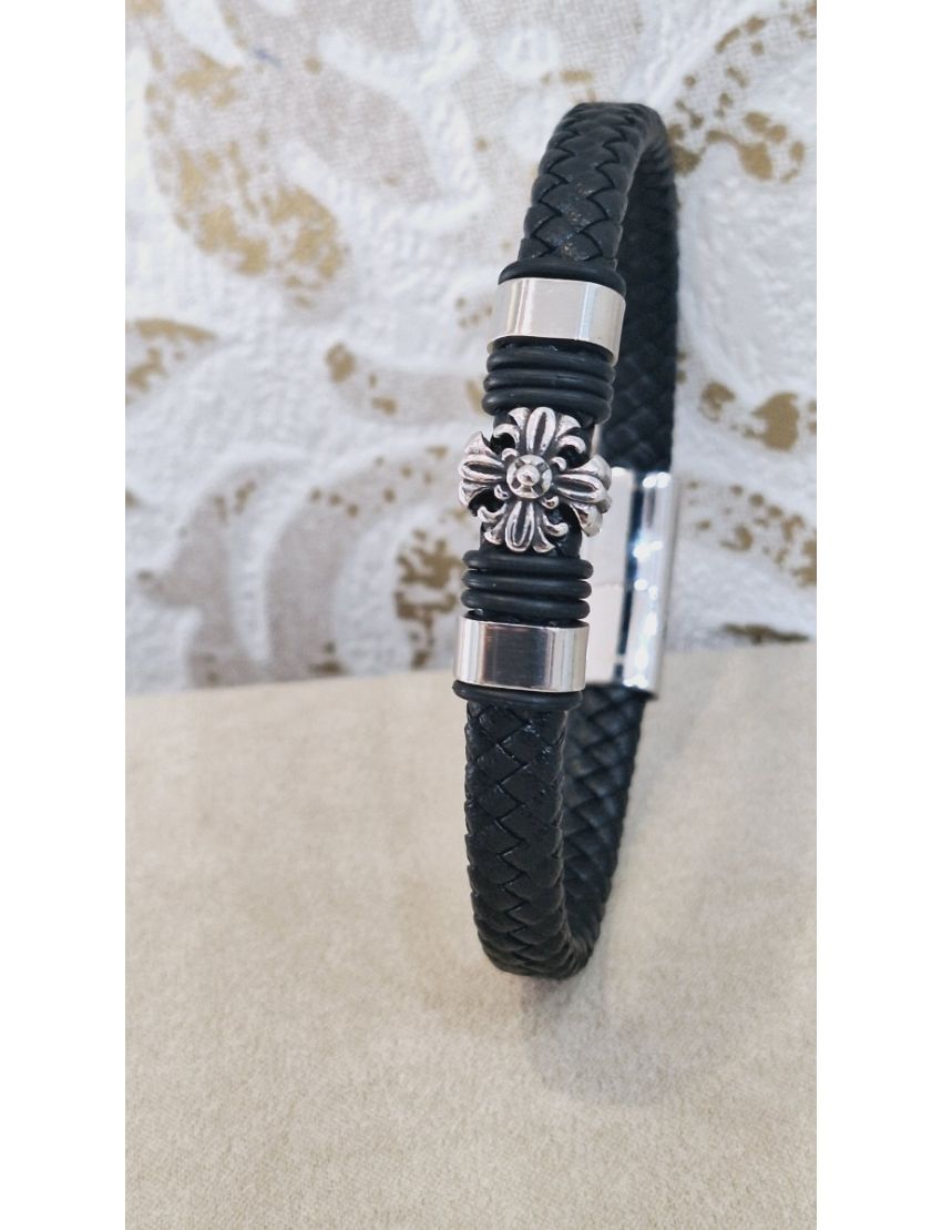 Pulseira Aço e Pele Preta  3