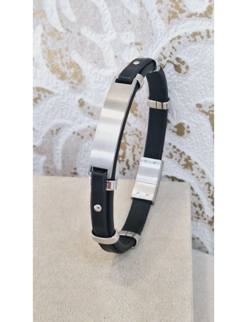 Pulseira Aço e Pele Preta 4