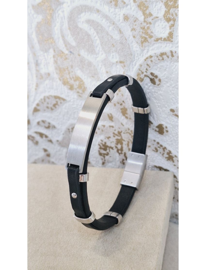 Pulseira Aço e Pele Preta 4