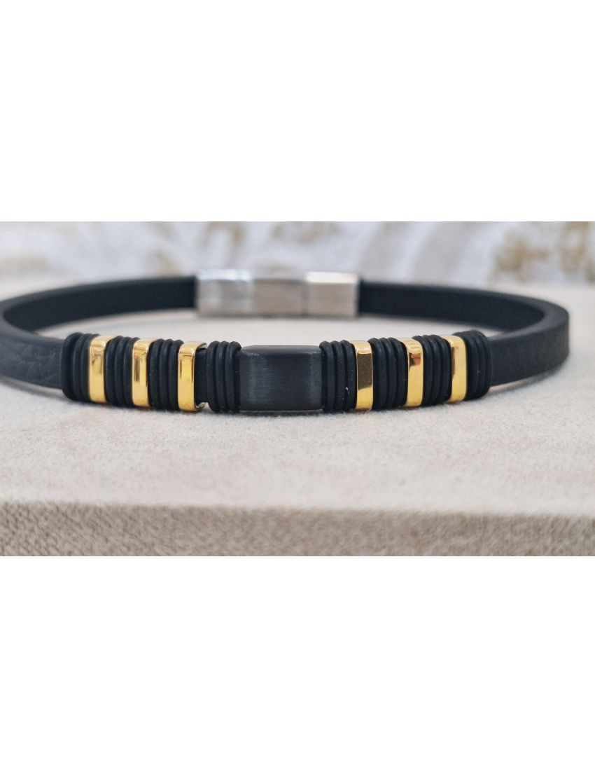 Pulseira Aço e Pele preto e dourado