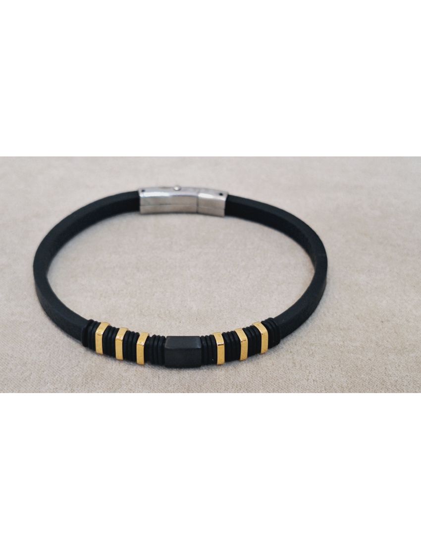 Pulseira Aço e Pele preto e dourado