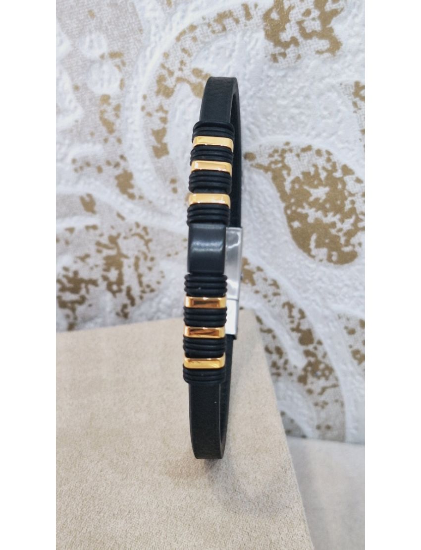 Pulseira Aço e Pele preto e dourado