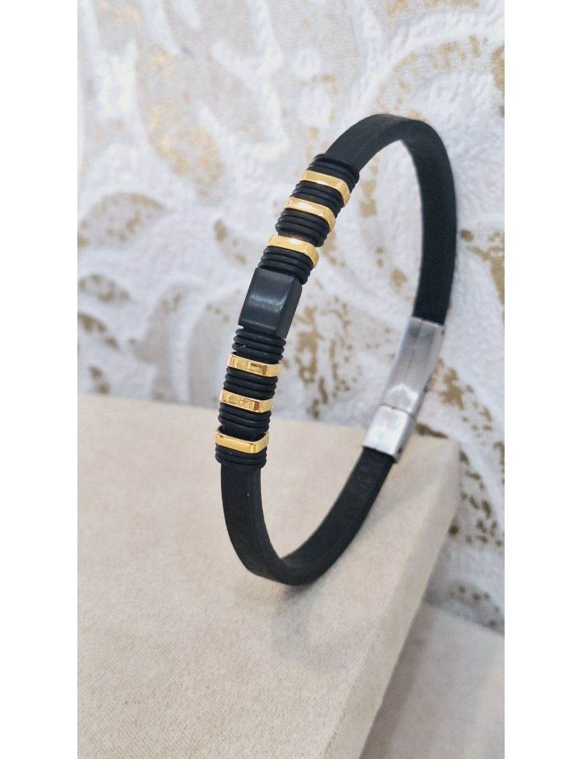 Pulseira Aço e Pele preto e dourado