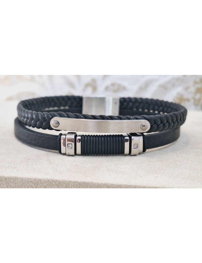 Pulseira Aço e Pele Preta 5