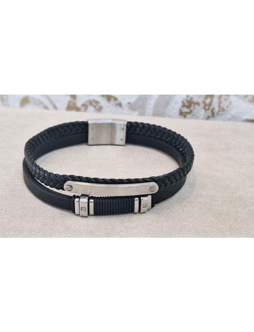 Pulseira Aço e Pele Preta 5