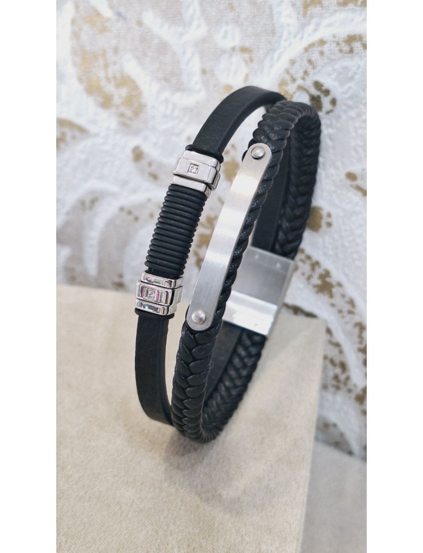 Pulseira Aço e Pele Preta 5