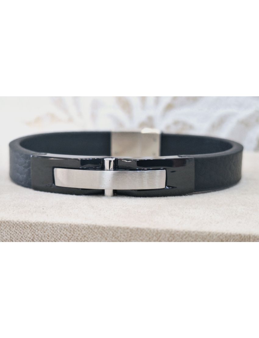 Pulseira Aço e Pele Preta 6