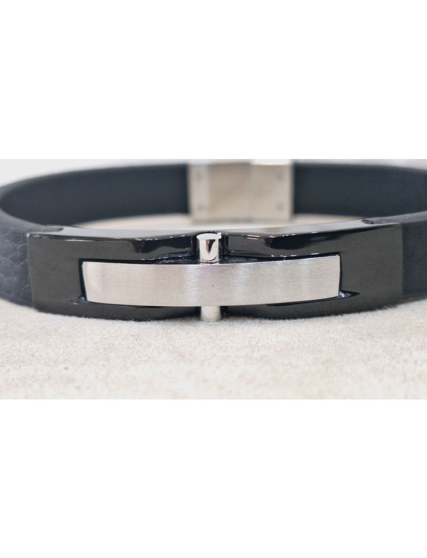 Pulseira Aço e Pele Preta 6