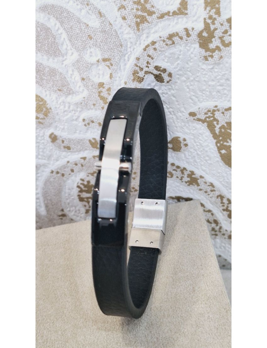 Pulseira Aço e Pele Preta 6