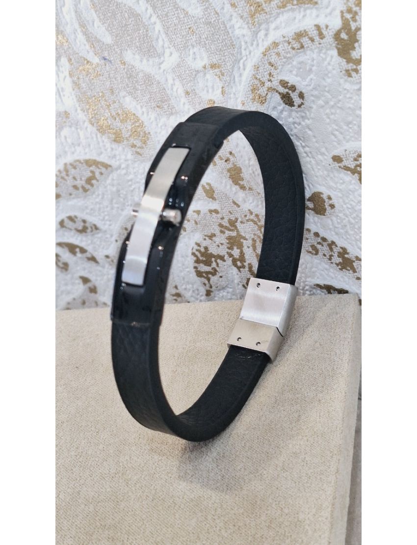 Pulseira Aço e Pele Preta 6