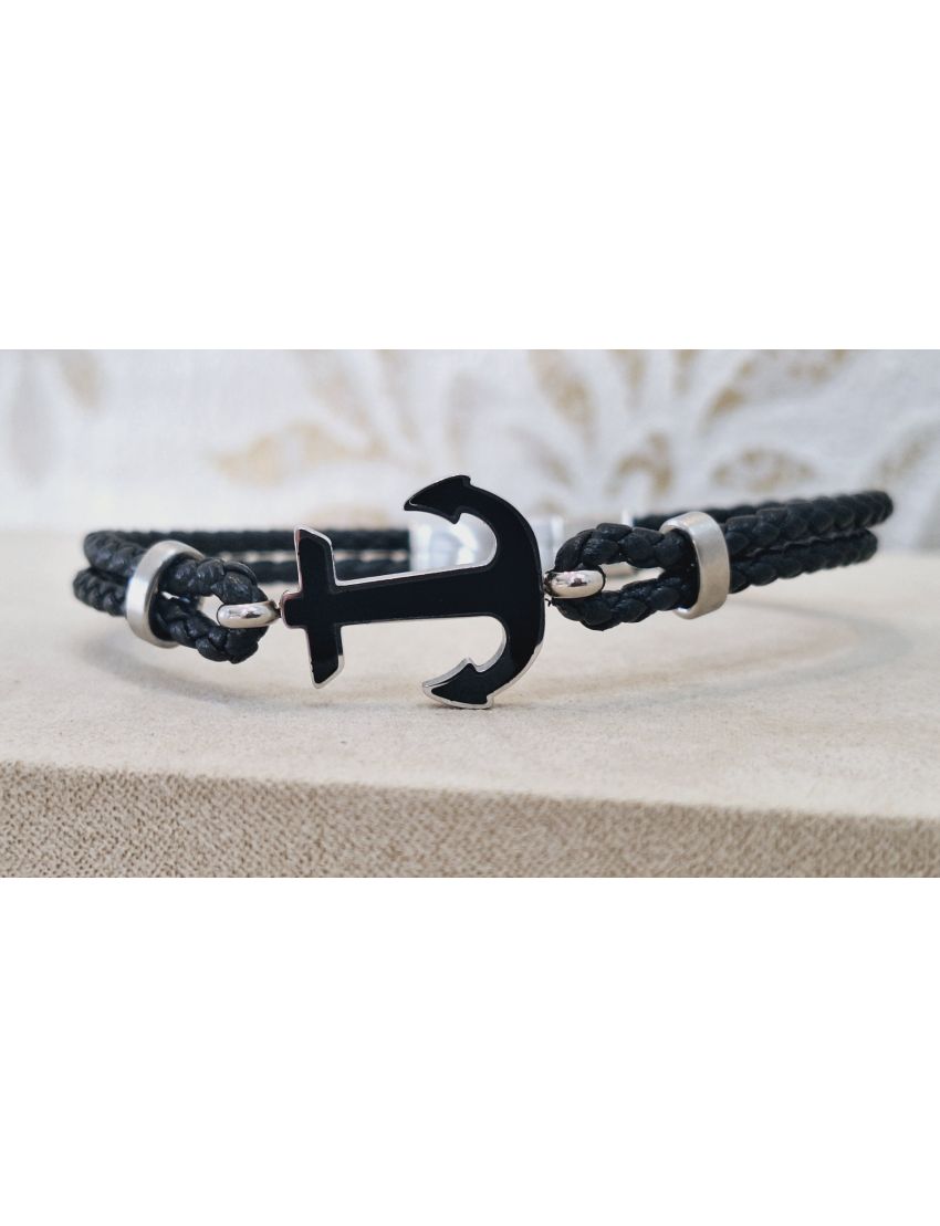 Pulseira Aço e Pele Preta 8