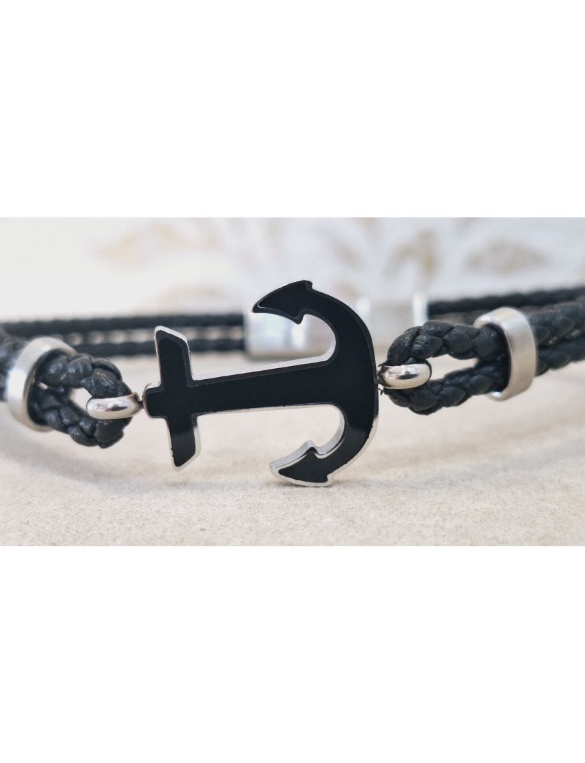 Pulseira Aço e Pele Preta 8