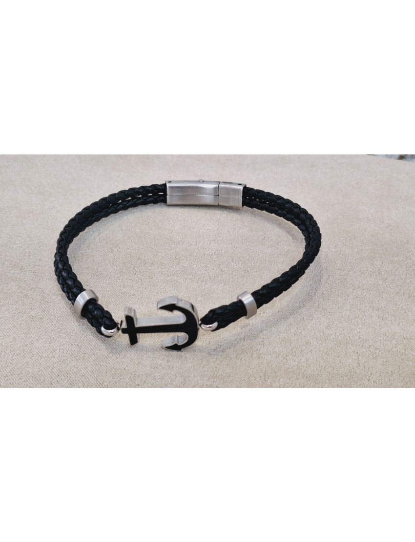 Pulseira Aço e Pele Preta 8