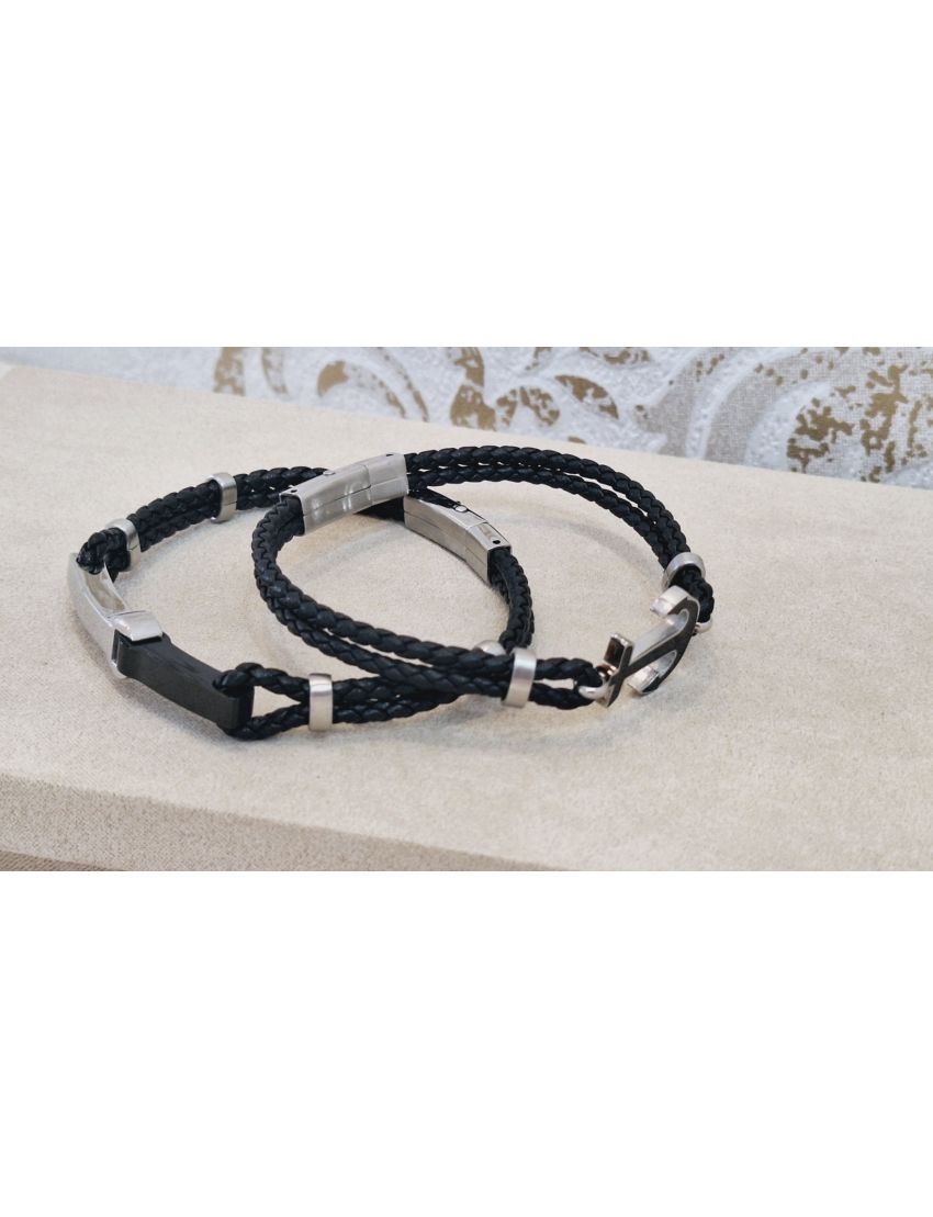 Pulseira Aço e Pele Preta 8