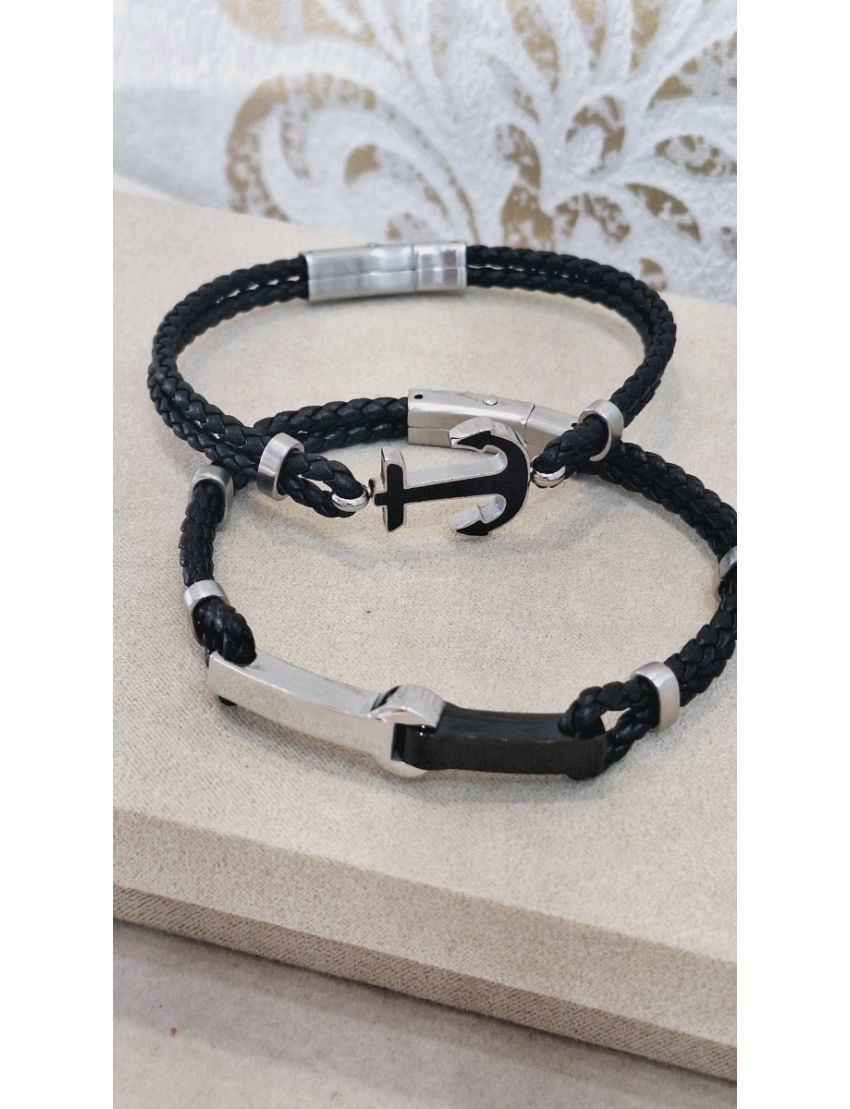 Pulseira Aço e Pele Preta 7