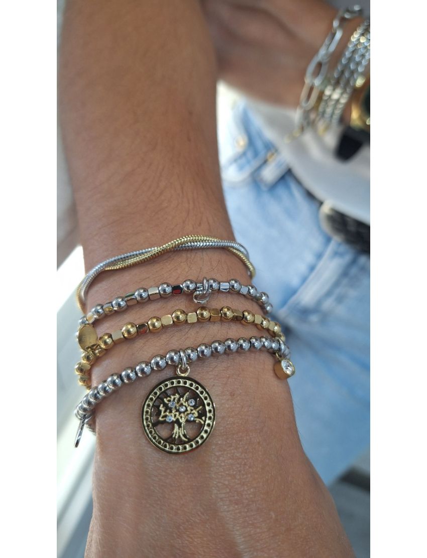 Pulseira Aço Lotus Bolas e Quadrados P