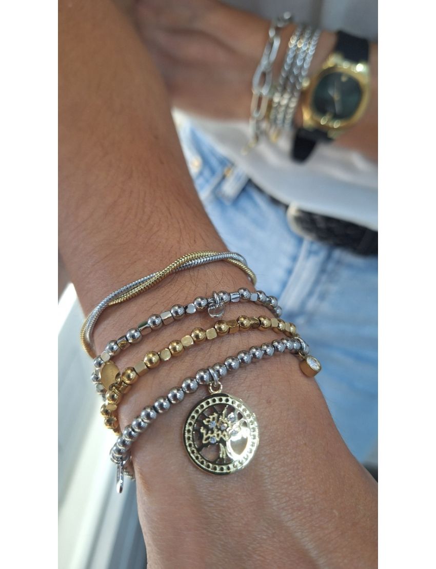 Pulseira Aço Lotus Bolas e Quadrados P